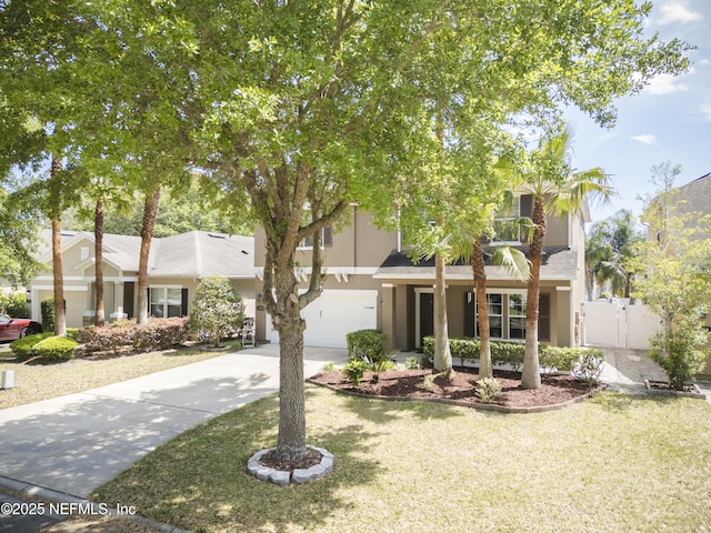view of front of home with a garage, concrete driveway, fence, stucco siding, and a gate