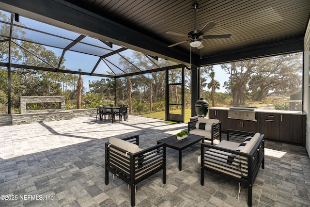 367 Maralinda Dr, Saint Augustine, FL 32095 - view of patio / terrace with a grill, outdoor lounge area, ceiling fan, glass enclosure, and outdoor dining area