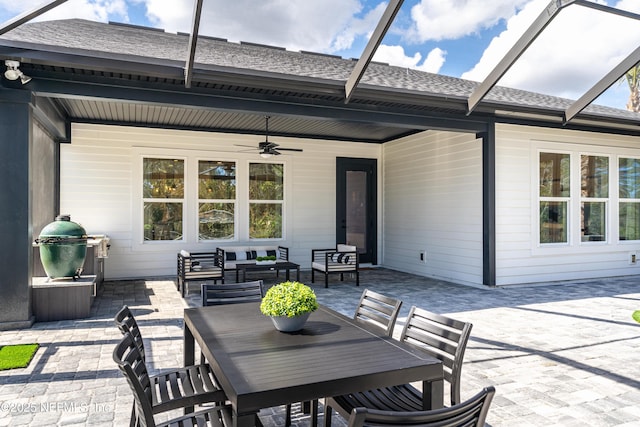 367 Maralinda Dr, Saint Augustine, FL 32095 - back of house with an outdoor hangout area, a ceiling fan, a patio, a lanai, and a shingled roof