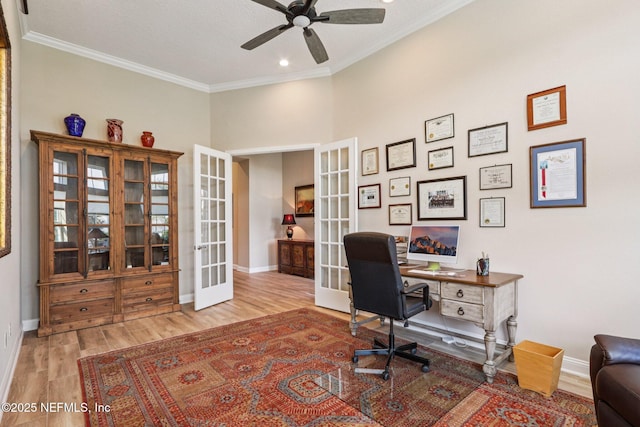 95566 Amelia National Pkwy, Fernandina Beach, FL 32034 - office space with french doors, wood finished floors, ceiling fan, ornamental molding, and recessed lighting