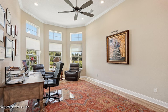 95566 Amelia National Pkwy, Fernandina Beach, FL 32034 - office space with healthy amount of natural light, a ceiling fan, ornamental molding, wood finished floors, and recessed lighting