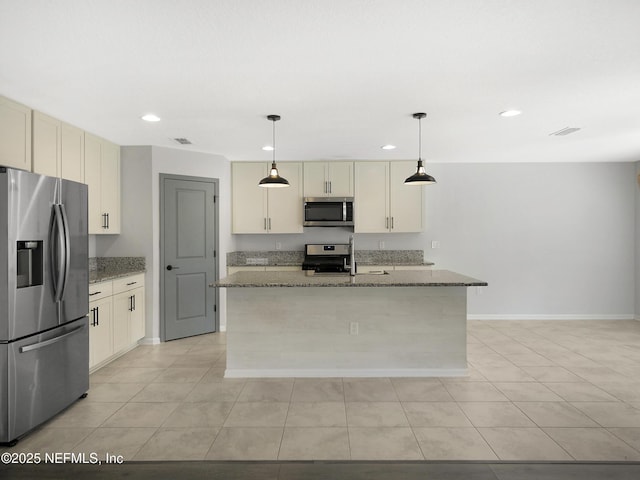 597 Meadow Ridge Dr, Saint Augustine, FL 32092 - kitchen with decorative light fixtures, baseboards, stone countertops, stainless steel appliances, and recessed lighting
