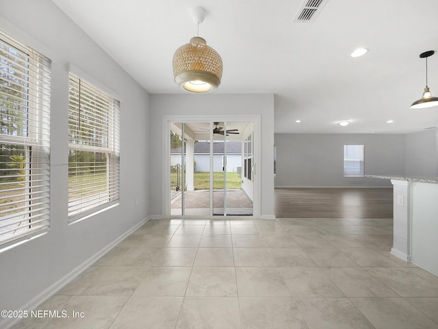 597 Meadow Ridge Dr, Saint Augustine, FL 32092 - empty room featuring a ceiling fan, visible vents, baseboards, recessed lighting, and light tile patterned flooring