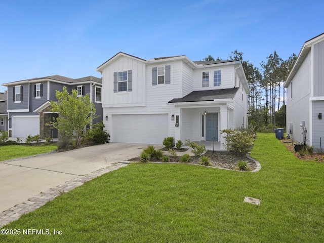 597 Meadow Ridge Dr, Saint Augustine, FL 32092 - traditional-style house featuring board and batten siding, an attached garage, driveway, and a front yard