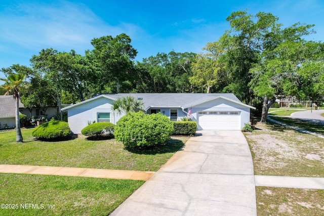 ranch-style home with driveway, a front lawn, and a garage