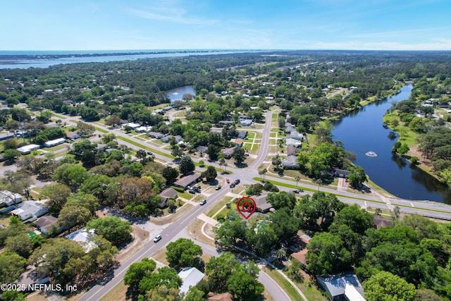 aerial view featuring a water view