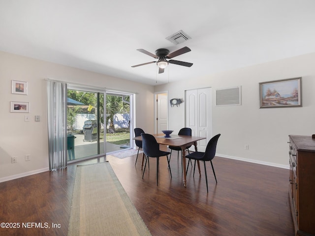 dining area featuring dark wood-type flooring, visible vents, a ceiling fan, and baseboards