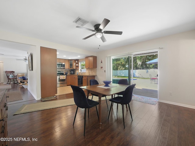 dining room with ceiling fan, baseboards, dark wood-style floors, and visible vents