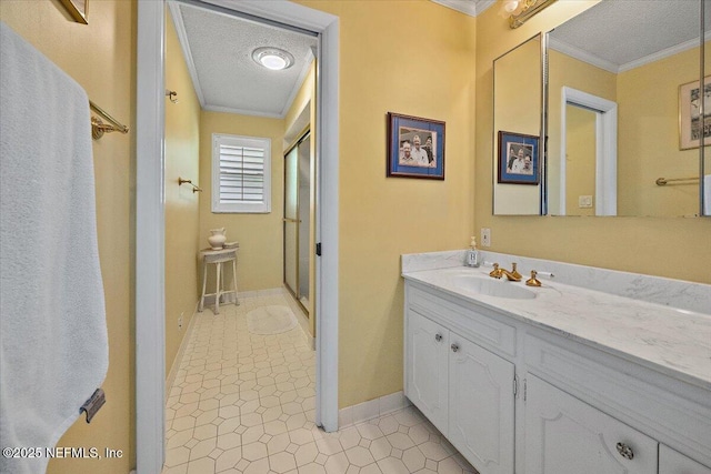 7812 Hunters Grove Rd, Jacksonville, FL 32256 - bathroom with a textured ceiling, vanity, ornamental molding, and a stall shower