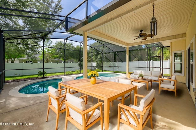 80 St Croix Island Dr, Saint Augustine, FL 32092 - sunroom featuring a swimming pool, ceiling fan, outdoor lounge area, and outdoor dining area