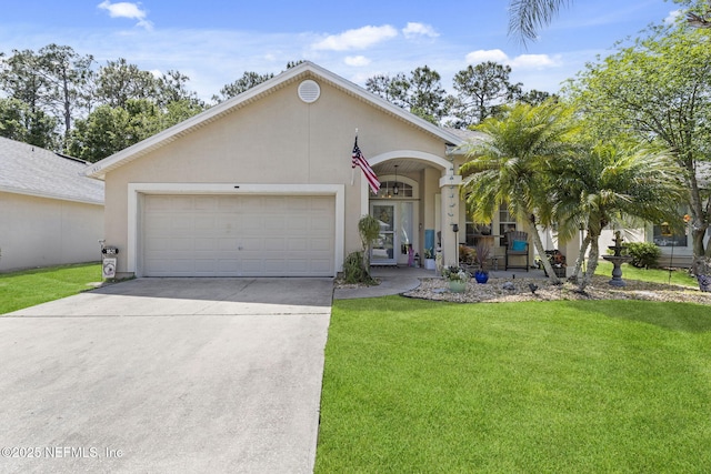ranch-style home with an attached garage, a front lawn, driveway, and stucco siding