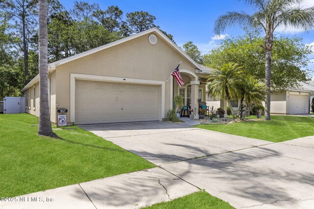 ranch-style home featuring a front lawn, concrete driveway, stucco siding, covered porch, and a garage