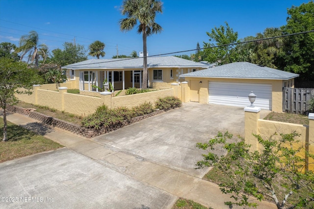 1800 N Halifax Ave, Daytona Beach, FL 32118 - single story home featuring a garage, driveway, stucco siding, and a fenced front yard
