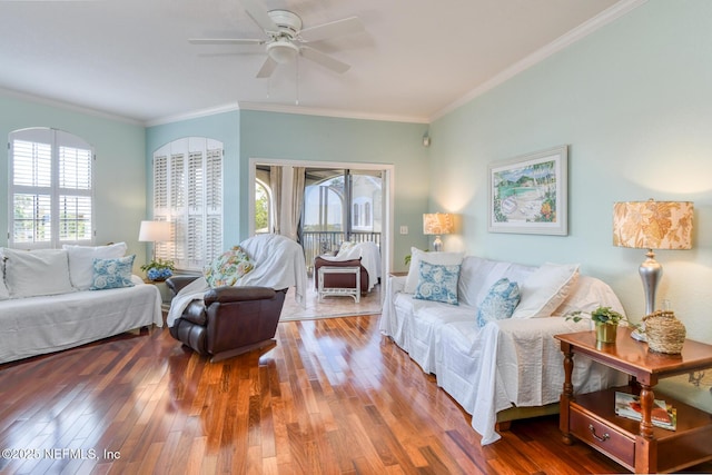 2229 Vista Cove Rd, Saint Augustine, FL 32084 - living room featuring ceiling fan, wood finished floors, and crown molding