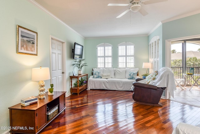 2229 Vista Cove Rd, Saint Augustine, FL 32084 - living area with healthy amount of natural light, wood finished floors, crown molding, and ceiling fan