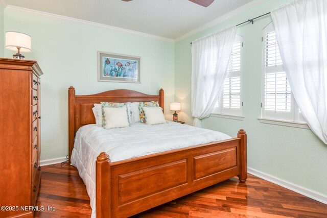2229 Vista Cove Rd, Saint Augustine, FL 32084 - bedroom featuring multiple windows, crown molding, baseboards, dark wood-style floors, and ceiling fan