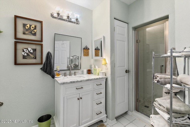 bathroom featuring a shower stall, tile patterned floors, and vanity