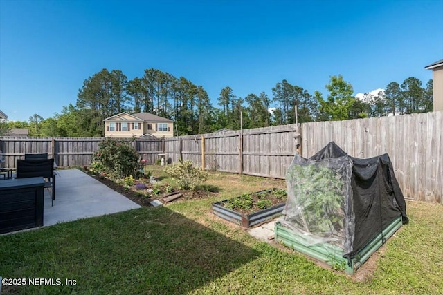 view of yard with a fenced backyard, a vegetable garden, and a patio