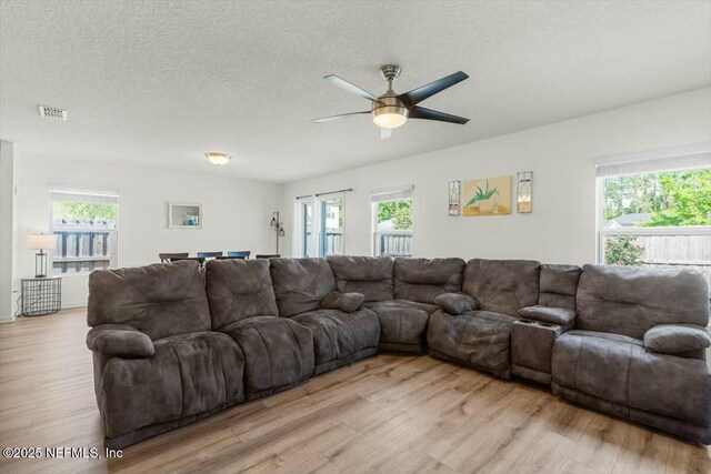 living area with a ceiling fan, visible vents, a textured ceiling, and light wood-style floors