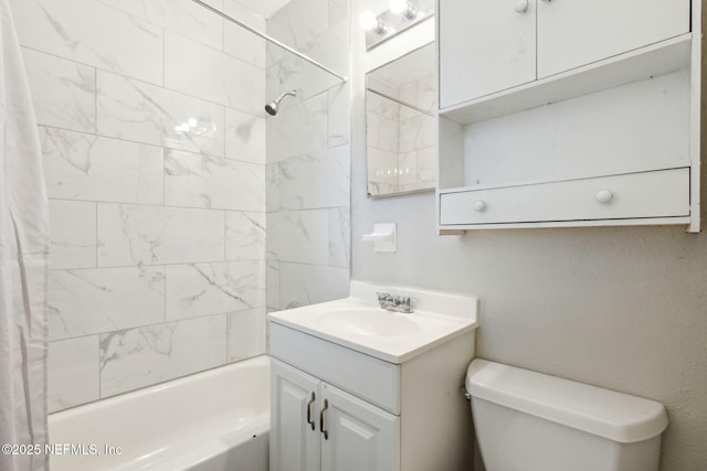 bathroom with toilet, vanity, and shower / bath combination with curtain