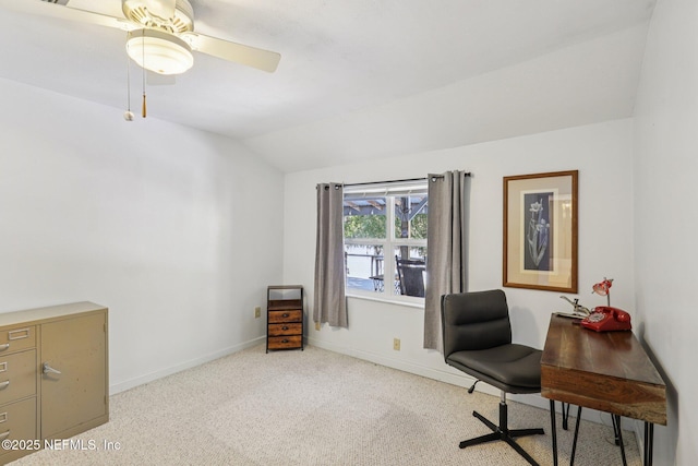 6470 Brooklyn Bay Rd, Keystone Heights, FL 32656 - office area with lofted ceiling, light carpet, baseboards, and ceiling fan