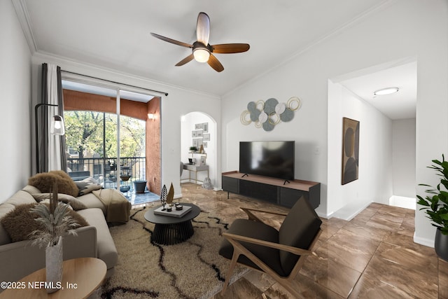 10075 Gate Pkwy N Unit 2505, Jacksonville, FL 32246 - living area featuring ceiling fan, arched walkways, crown molding, and baseboards