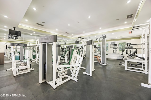 10075 Gate Pkwy N Unit 2505, Jacksonville, FL 32246 - gym featuring visible vents, a raised ceiling, and crown molding
