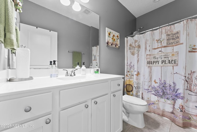 3422 Oglebay Dr, Green Cove Springs, FL 32043 - full bathroom featuring vanity, tile patterned floors, a textured ceiling, toilet, and visible vents