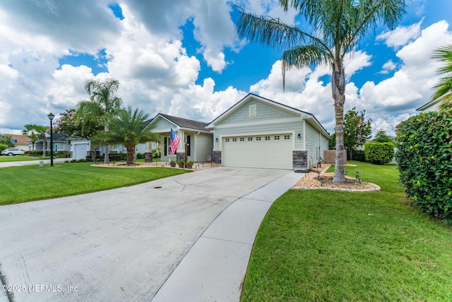 3422 Oglebay Dr, Green Cove Springs, FL 32043 - ranch-style house featuring driveway, stone siding, a garage, and a front lawn