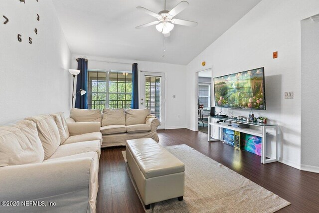 7800 Point Meadows Dr Unit 1035, Jacksonville, FL 32256 - living area featuring ceiling fan, dark wood-style flooring, baseboards, and high vaulted ceiling