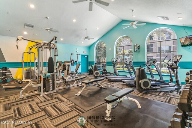 7800 Point Meadows Dr Unit 1035, Jacksonville, FL 32256 - exercise room with ceiling fan, carpet flooring, high vaulted ceiling, and recessed lighting