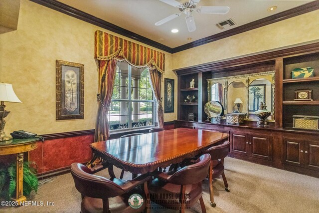 7800 Point Meadows Dr Unit 1035, Jacksonville, FL 32256 - dining area featuring ornamental molding, ceiling fan, light colored carpet, built in features, and recessed lighting
