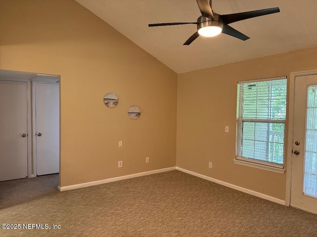 7701 Timberlin Park Blvd Unit 531, Jacksonville, FL 32256 - carpeted empty room with vaulted ceiling, ceiling fan, and baseboards