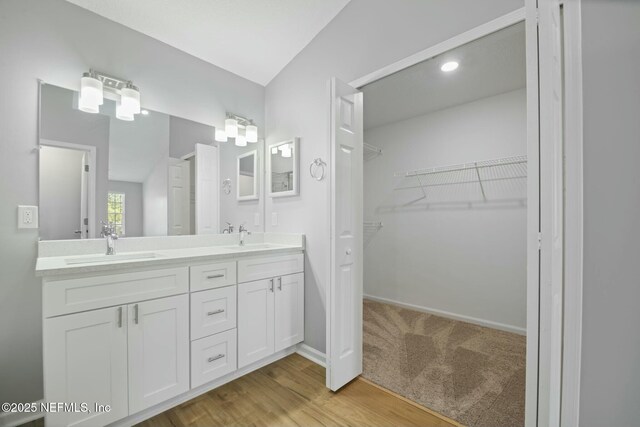 3399 Shauna Oaks Cir, Jacksonville, FL 32277 - bathroom featuring double vanity, a spacious closet, wood finished floors, and a sink