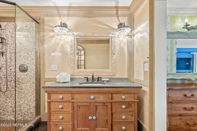 full bath with vanity and a stall shower