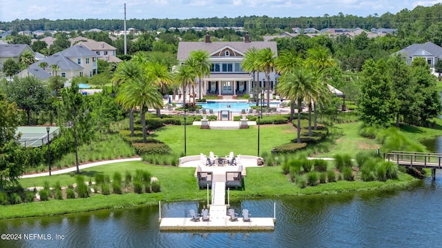 aerial view featuring a residential view and a water view