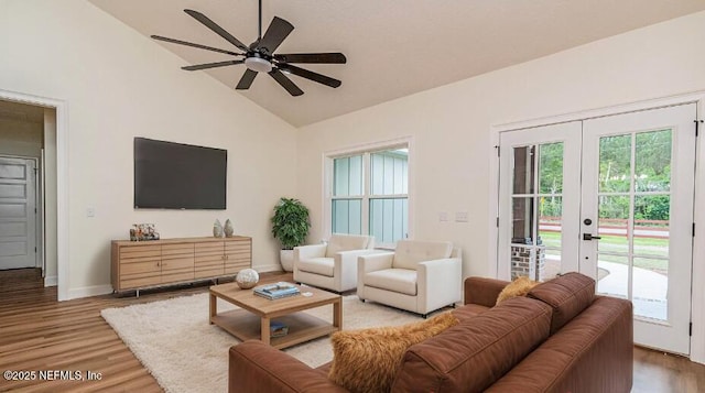 6388 Miltondale Rd, Macclenny, FL 32063 - living room with wood finished floors, a ceiling fan, french doors, and high vaulted ceiling