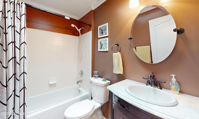 bathroom featuring vanity, ornamental molding, toilet, and shower / bath combination with curtain