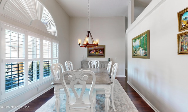 dining area featuring baseboards, dark wood-type flooring, and a chandelier