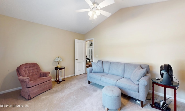 carpeted living room featuring baseboards, ceiling fan, and lofted ceiling