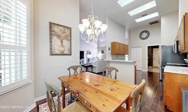 dining room with high vaulted ceiling, a healthy amount of sunlight, a skylight, visible vents, and dark wood-style floors