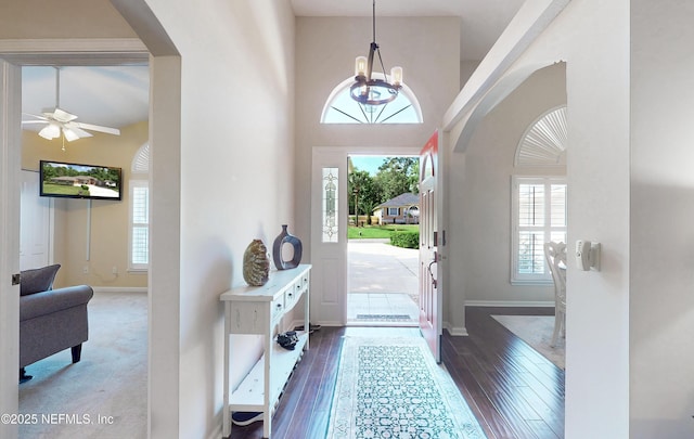 entrance foyer featuring baseboards, a high ceiling, a wealth of natural light, and hardwood / wood-style floors
