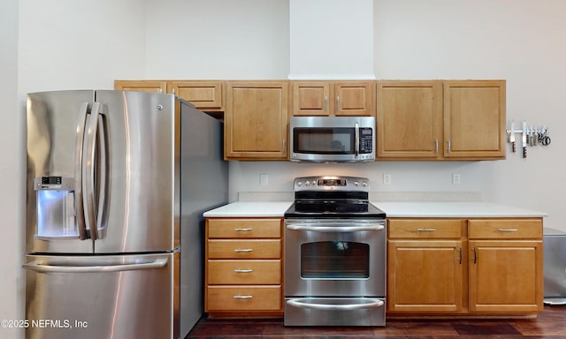 kitchen with light countertops, appliances with stainless steel finishes, and dark wood-style flooring
