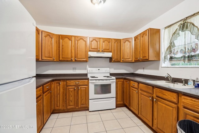 5635 Hillman Dr, Jacksonville, FL 32244 - kitchen featuring brown cabinets, a sink, under cabinet range hood, and white appliances