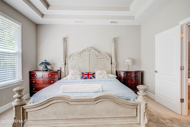 1911 Salt Creek Dr, Fleming Island, FL 32003 - bedroom featuring a tray ceiling, baseboards, visible vents, and light colored carpet