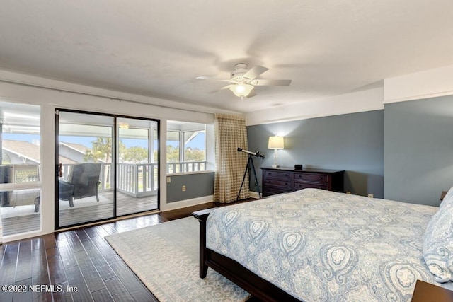 bedroom featuring baseboards, dark wood-style floors, access to exterior, and ceiling fan
