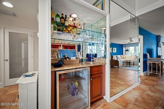 272 Deer Run Ln, Ponte Vedra Beach, FL 32082 - indoor wet bar featuring wine cooler, light tile patterned flooring, and ceiling fan