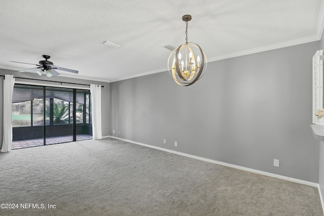 spare room featuring crown molding, ceiling fan with notable chandelier, a textured ceiling, and carpet floors