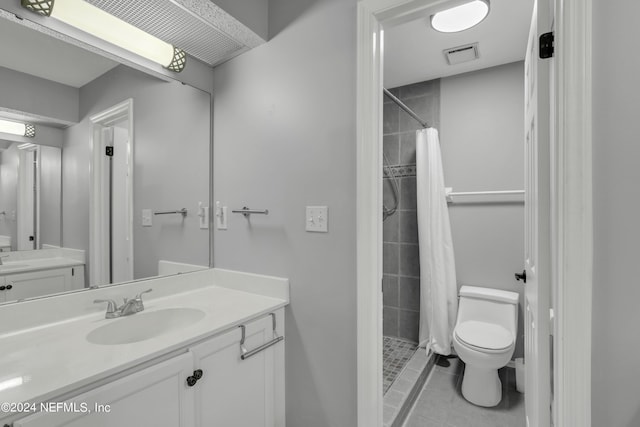 bathroom with visible vents, toilet, a shower stall, and tile patterned floors