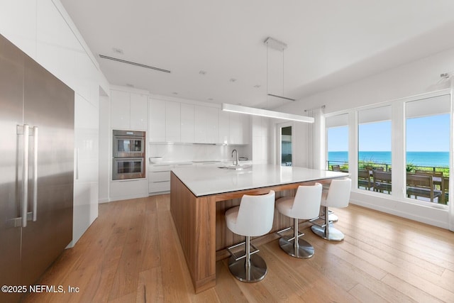 kitchen featuring modern cabinets, light countertops, light wood finished floors, stainless steel appliances, and white cabinetry